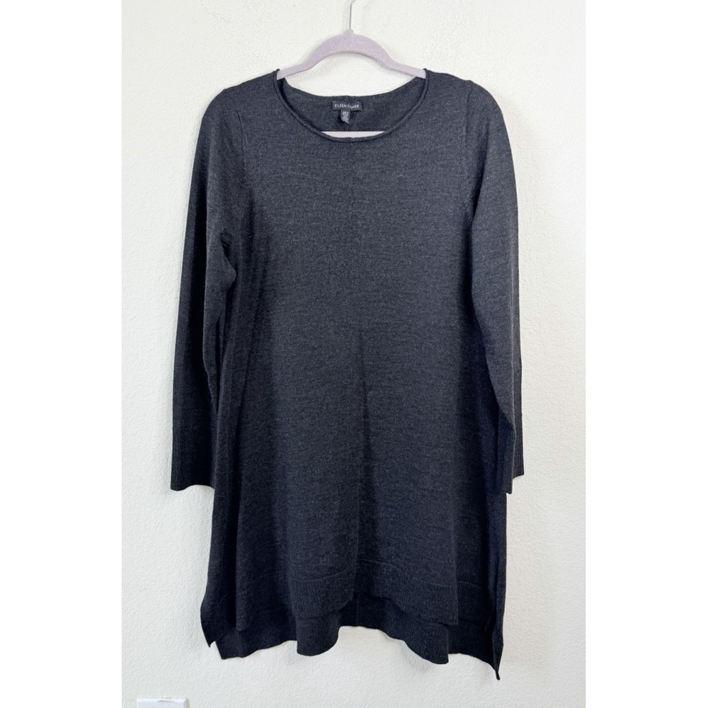 Eileen Fisher 100% Merino Wool Tunic Sweater L Charcoal Gray Relaxed Minimalist